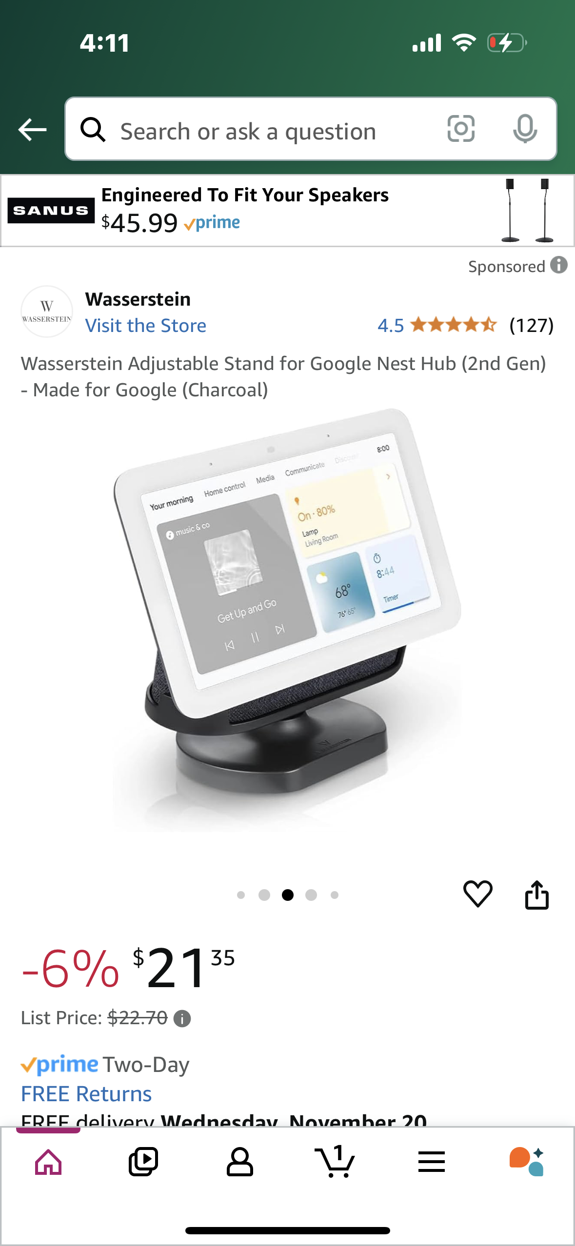 Wasserstein Adjustable Stand for Google Nest Hub (2nd Gen) - Made for Google (Charcoal