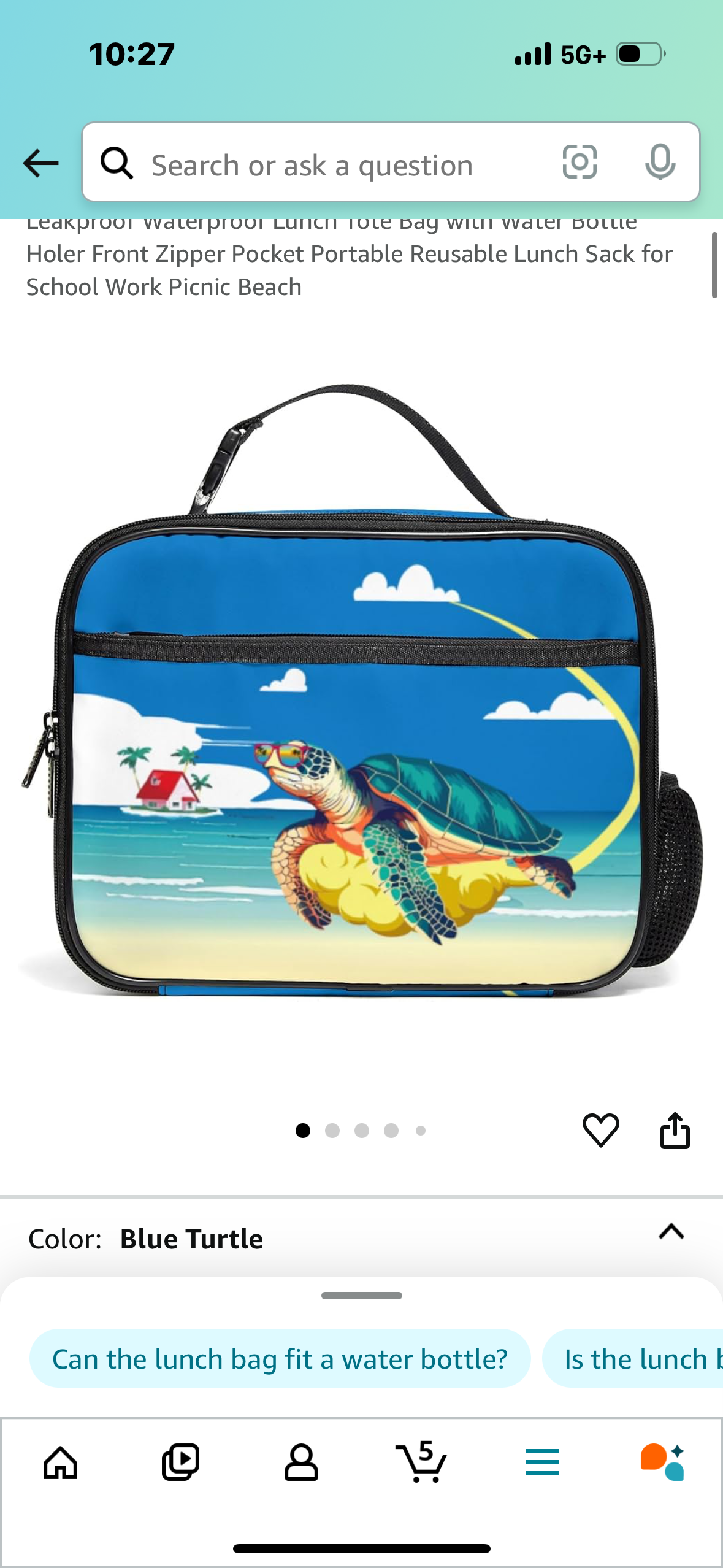 Turtle Lunch Box for Boys Insulated Lunch Bag for Kids Adults Leakproof Waterproof Lunch Tote Bag with Water Bottle Holer Front Zipper Pocket Portable Reusable Lunch Sack for School Work Picnic Beach