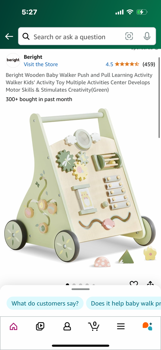 Beright Wooden Baby Walker Push and Pull Learning Activity Walker Kids’ Activity Toy Multiple Activities Center Develops Motor Skills & Stimulates Creativity(Green