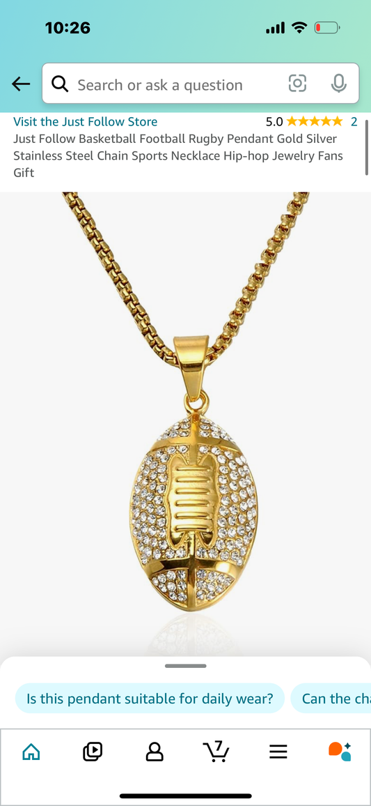 Football Pendant Gold  Chain Sports Necklace Jewelry Fans