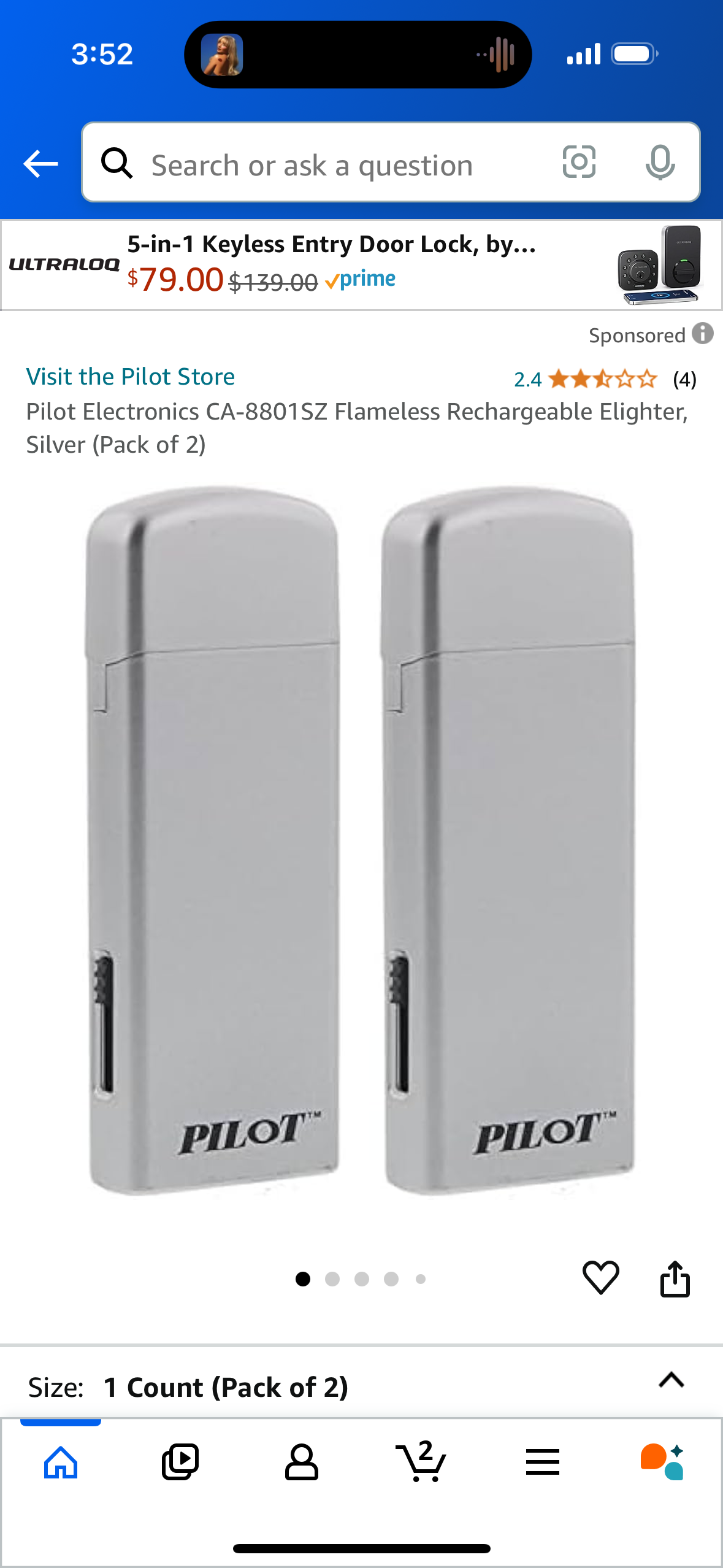 Pilot Electronics CA-8801SZ Flameless Rechargeable Elighter, Silver (Pack of 2)