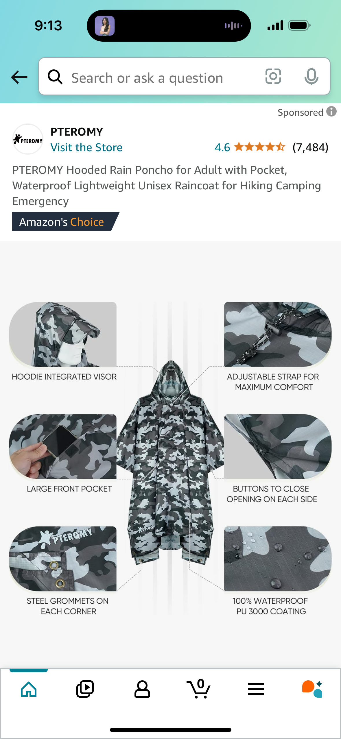 PTEROMY Hooded Rain Poncho for Adult with Pocket, Waterproof Lightweight Unisex Raincoat for Hiking Camping Emergency