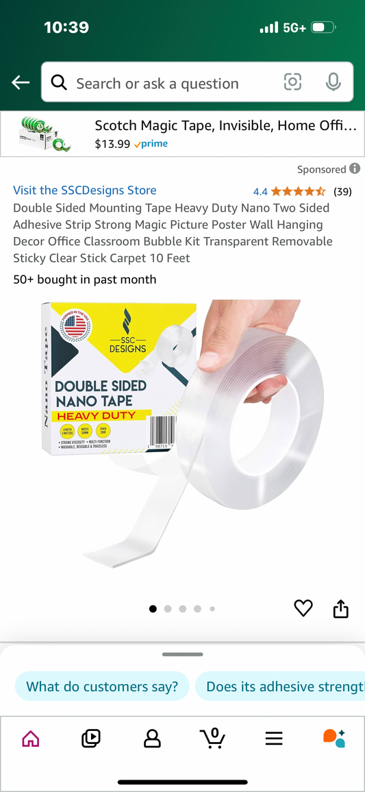 Double Sided Mounting Tape Heavy Duty Nano Two Sided Adhesive Strip Strong Magic Picture Poster Wall Hanging Decor Office Classroom Bubble Kit Transparent Removable Sticky Clear Stick Carpet 10 Feet