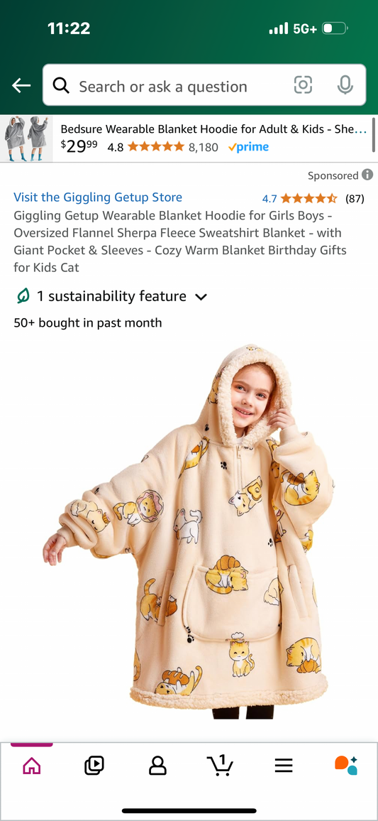 Oversized Flannel Sherpa Fleece Sweatshirt Blanket - with Giant Pocket & Sleeves - Cozy Warm Blanket Birthday Gifts for Kids Cat