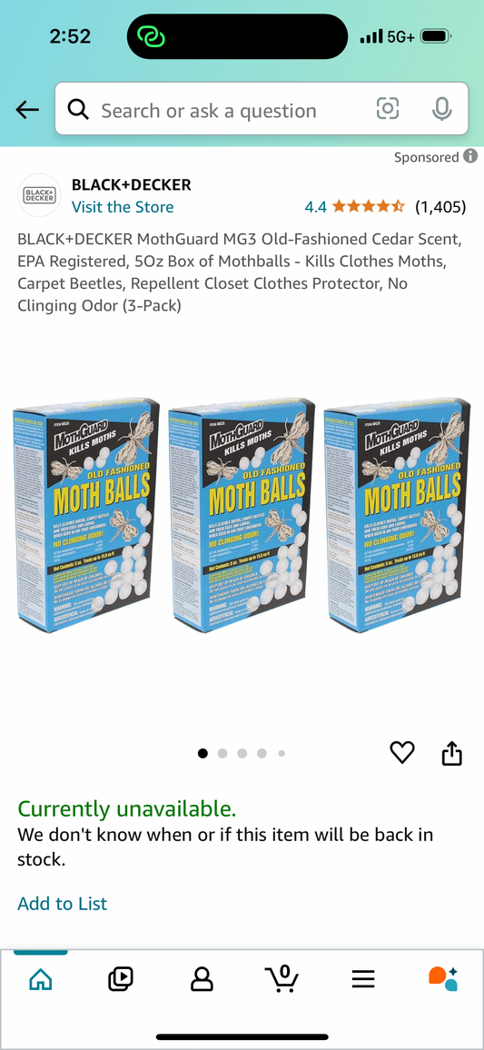 BLACK+DECKER MothGuard MG3 Old-Fashioned Cedar Scent, EPA Registered, 5Oz Box of Mothballs - Kills Clothes Moths, Carpet Beetles, Repellent Closet Clothes Protector, No Clinging Odor (3-Pack)