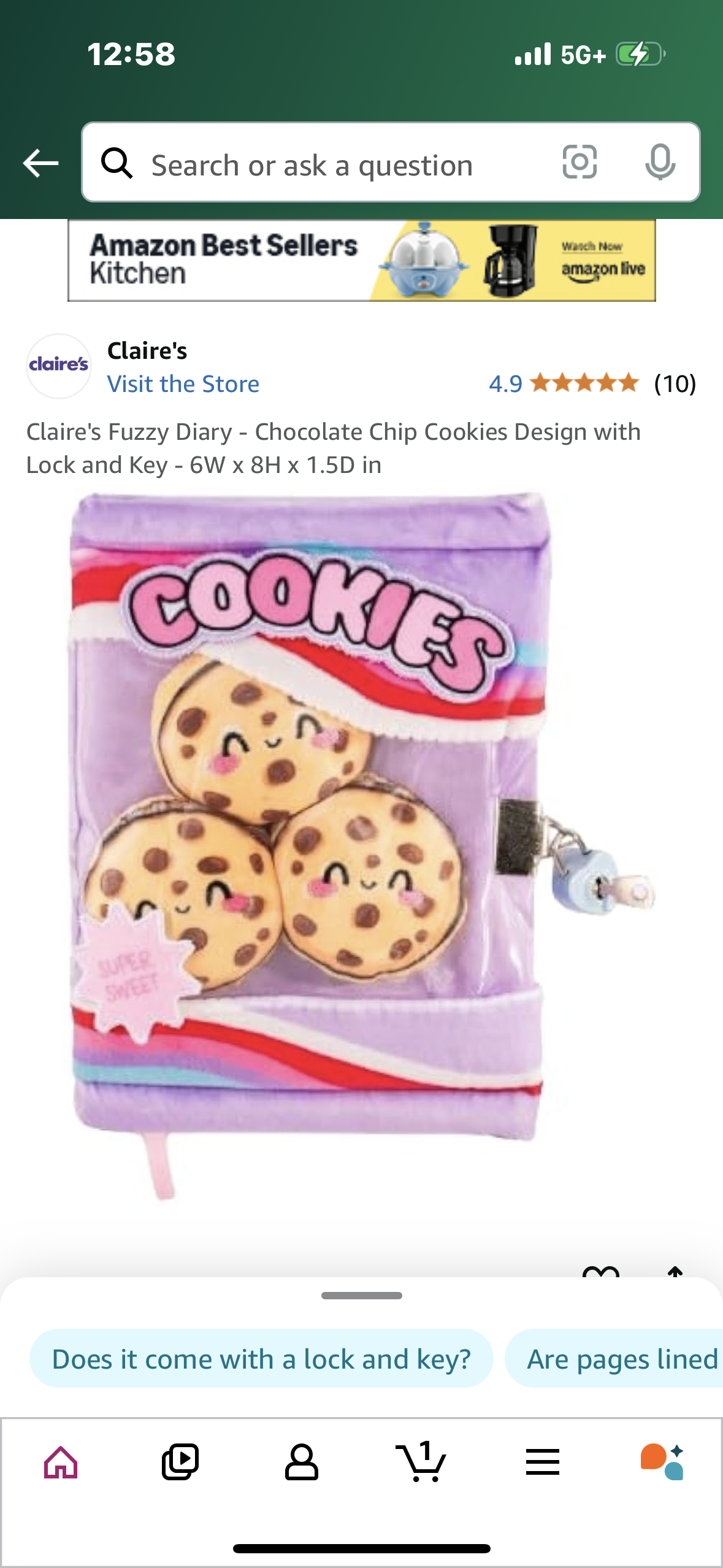 Claire's Fuzzy Diary - Chocolate Chip Cookies Design with Lock and Key - 6W x 8H x 1.5D in