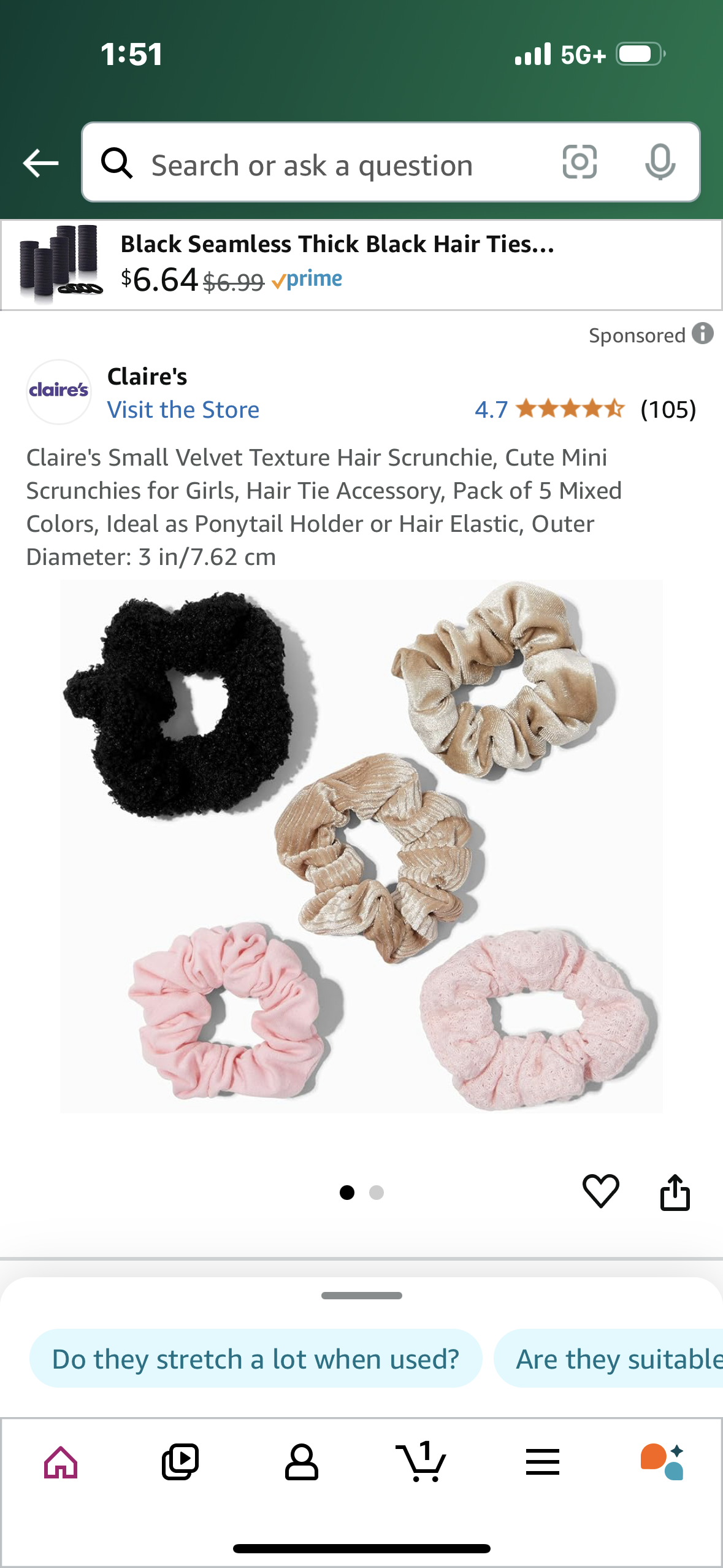 Claire's Small Velvet Texture Hair Scrunchie, Cute Mini Scrunchies for Girls, Hair Tie Accessory, Pack of 5 Mixed Colors, Ideal as Ponytail Holder or Hair Elastic, Outer Diameter: 3 in/7.62 cm