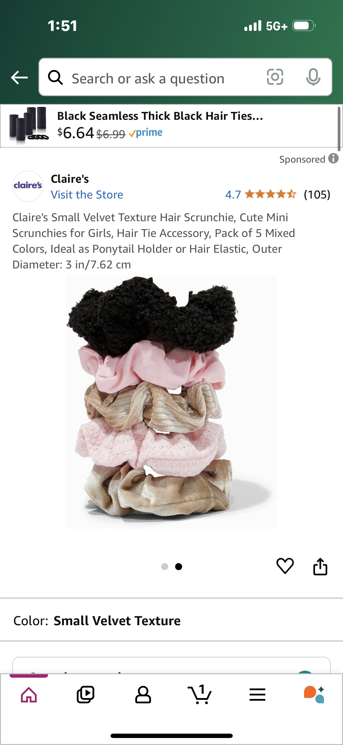 Claire's Small Velvet Texture Hair Scrunchie, Cute Mini Scrunchies for Girls, Hair Tie Accessory, Pack of 5 Mixed Colors, Ideal as Ponytail Holder or Hair Elastic, Outer Diameter: 3 in/7.62 cm