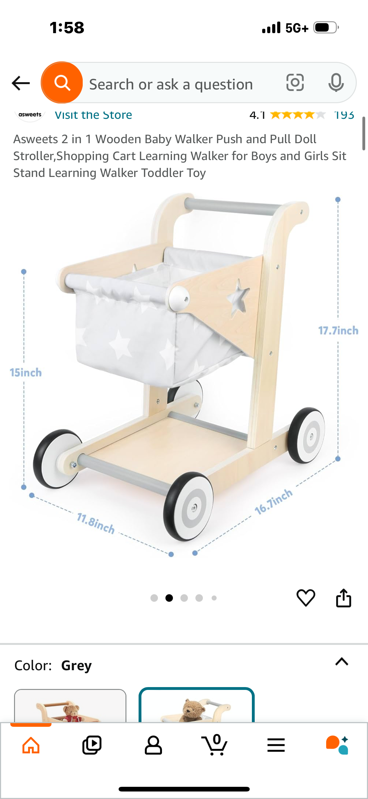 Asweets 2 in 1 Wooden Baby Walker Push and Pull Doll Stroller,Shopping Cart Learning Walker for Boys and Girls Sit Stand Learning Walker Toddler Toy