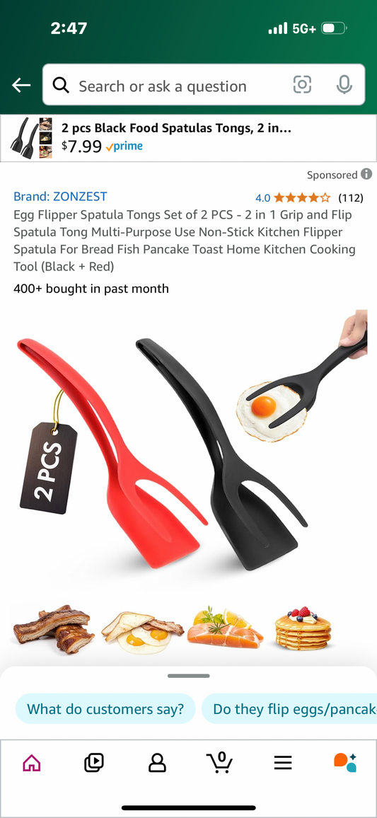 Egg Flipper Spatula Tongs Set of 2 PCS - 2 in 1 Grip and Flip Spatula Tong Multi-Purpose Use Non-Stick Kitchen Flipper Spatula For Bread Fish Pancake Toast Home Kitchen Cooking Tool (Black + Red