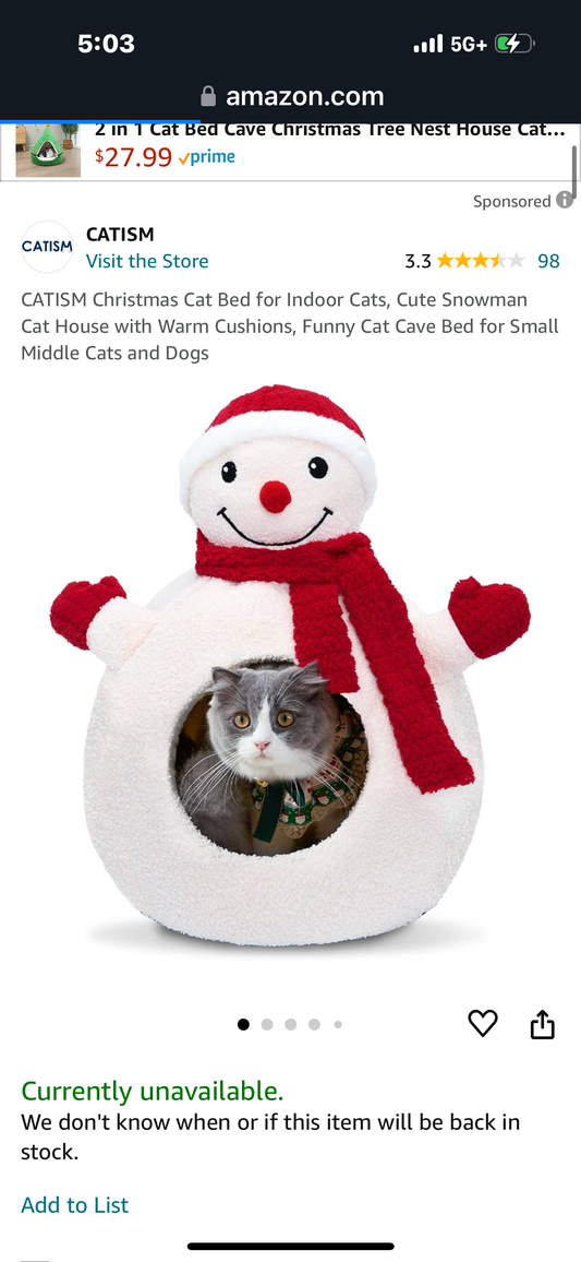 CATISM Christmas Cat Bed for Indoor Cats, Cute Snowman Cat House with Warm Cushions, Funny Cat Cave Bed for Small Middle Cats and Dogs