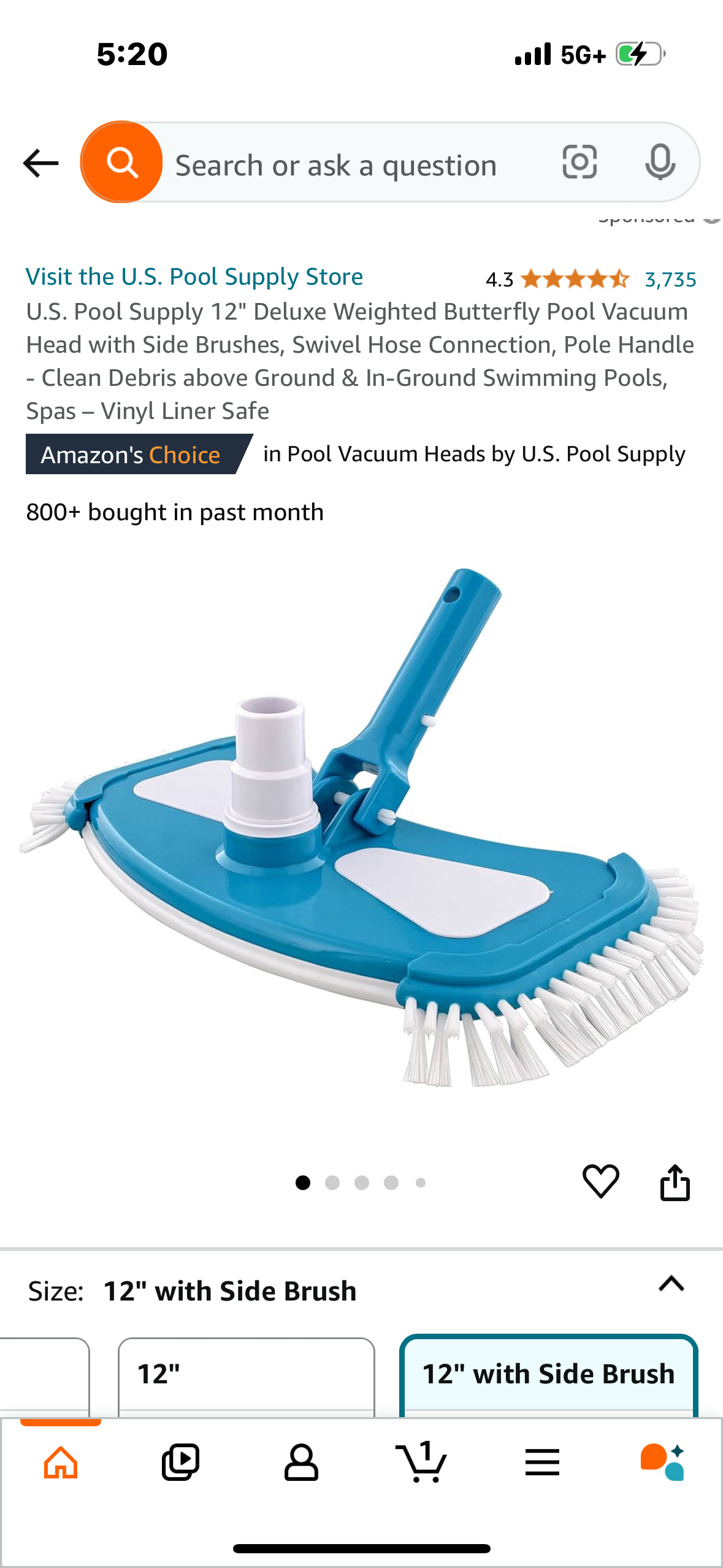 U.S. Pool Supply 12" Deluxe Weighted Butterfly Pool Vacuum Head with Side Brushes, Swivel Hose Connection, Pole Handle - Clean Debris above Ground & In-Ground Swimming Pools, Spas – Vinyl Liner Safe