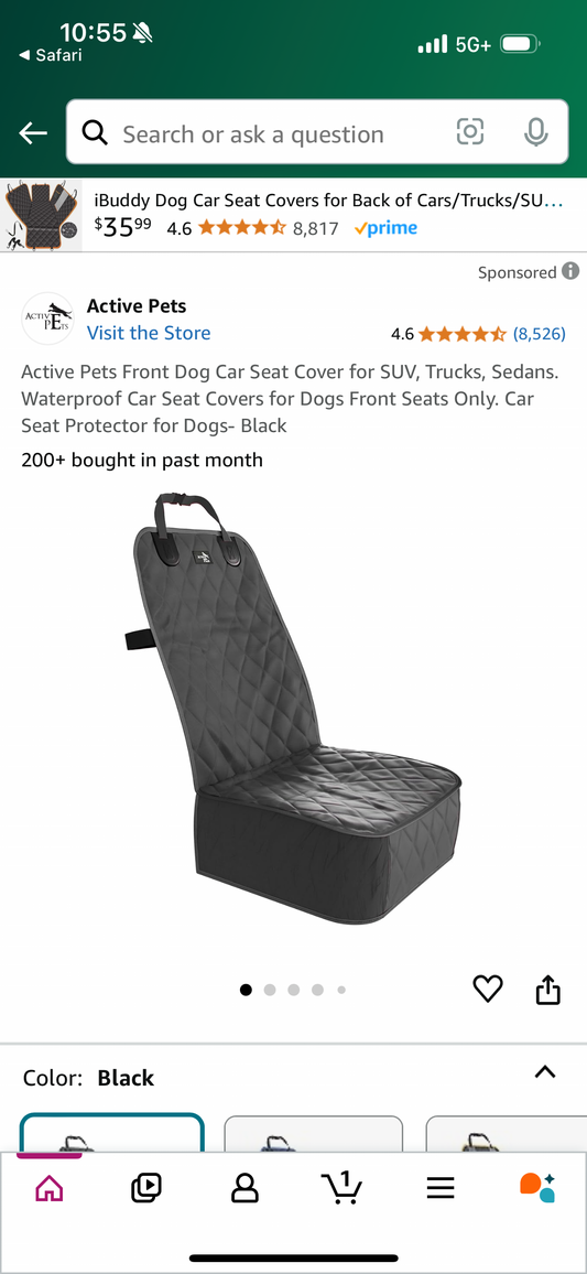 Active Pets Front Dog Car Seat Cover for SUV, Trucks, Sedans. Waterproof Car Seat Covers for Dogs Front Seats Only. Car Seat Protector for Dogs- Black