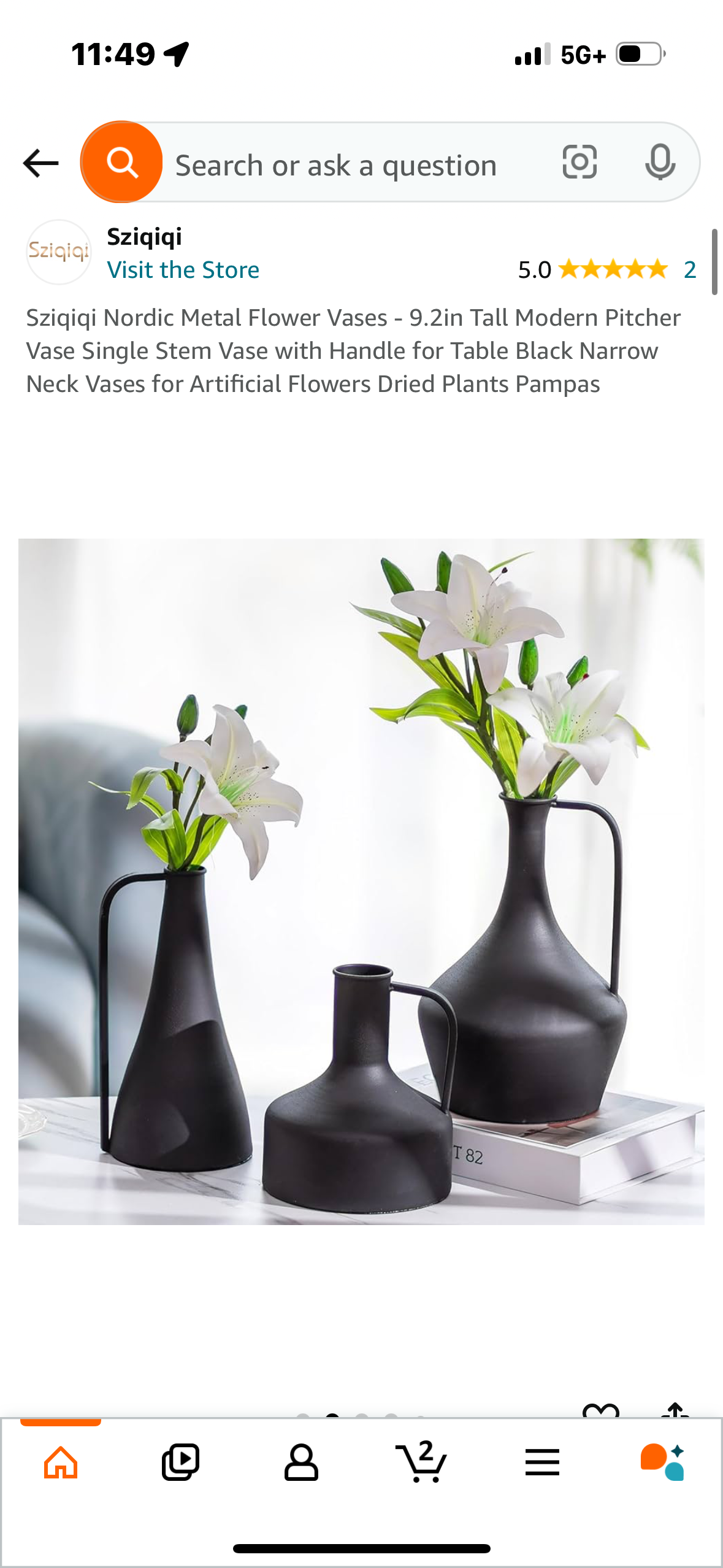 Sziqiqi Nordic Metal Flower Vases - 9.2in Tall Modern Pitcher Vase Single Stem Vase with Handle for Table Black Narrow Neck Vases for Artificial Flowers Dried Plants Pampas