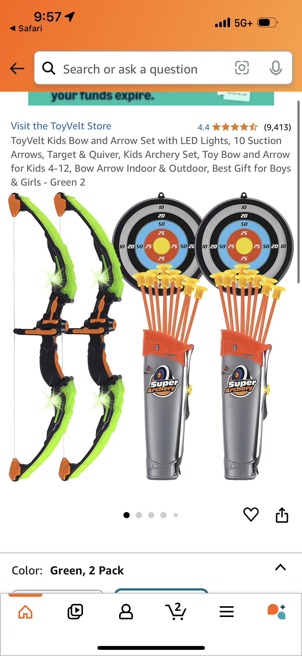 ToyVelt Kids Bow and Arrow Set with LED Lights, 10 Suction Arrows, Target & Quiver, Kids Archery Set, Toy Bow and Arrow for Kids 4-12, Bow Arrow Indoor & Outdoor, Best Gift for Boys & Girls - Green 2