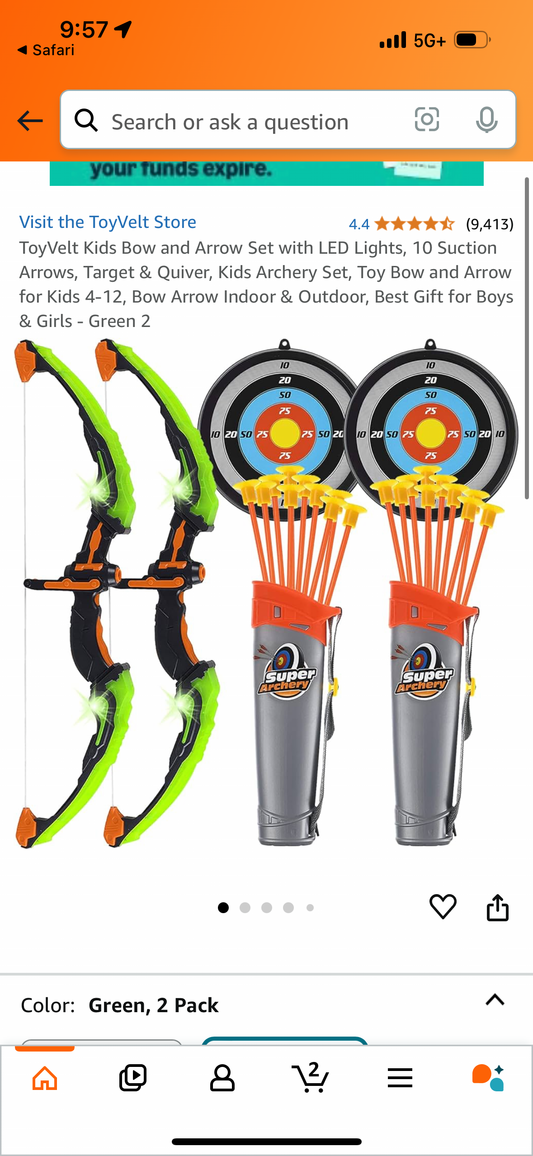 ToyVelt Kids Bow and Arrow Set with LED Lights, 10 Suction Arrows, Target & Quiver, Kids Archery Set, Toy Bow and Arrow for Kids 4-12, Bow Arrow Indoor & Outdoor, Best Gift for Boys & Girls - Green 2