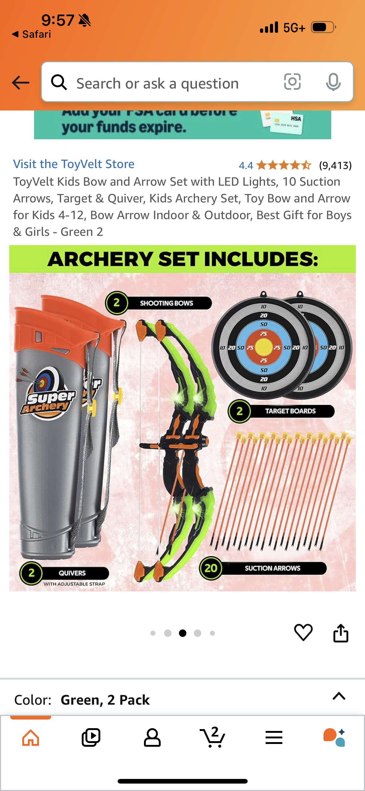 ToyVelt Kids Bow and Arrow Set with LED Lights, 10 Suction Arrows, Target & Quiver, Kids Archery Set, Toy Bow and Arrow for Kids 4-12, Bow Arrow Indoor & Outdoor, Best Gift for Boys & Girls - Green 2