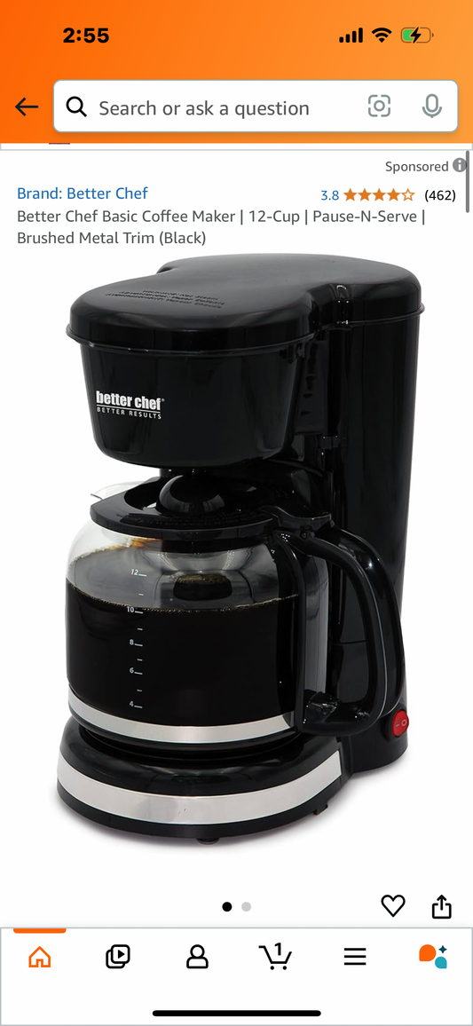 Better Chef Basic Coffee Maker | 12-Cup | Pause-N-Serve | Brushed Metal Trim (Black