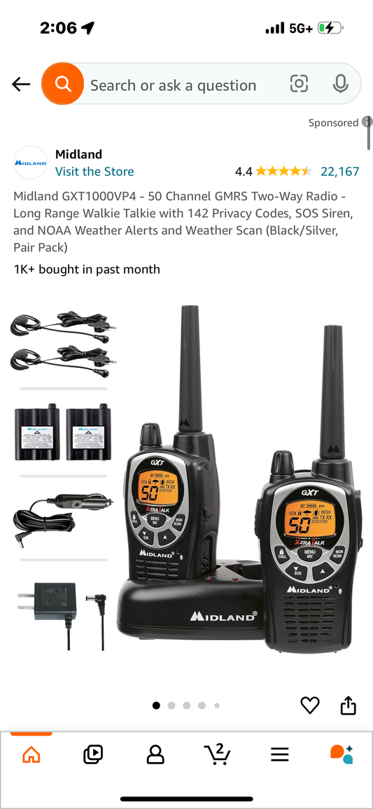 Midland GXT1000VP4 - 50 Channel GMRS Two-Way Radio - Long Range Walkie Talkie with 142 Privacy Codes, SOS Siren, and NOAA Weather Alerts and Weather Scan (Black/Silver, Pair Pack