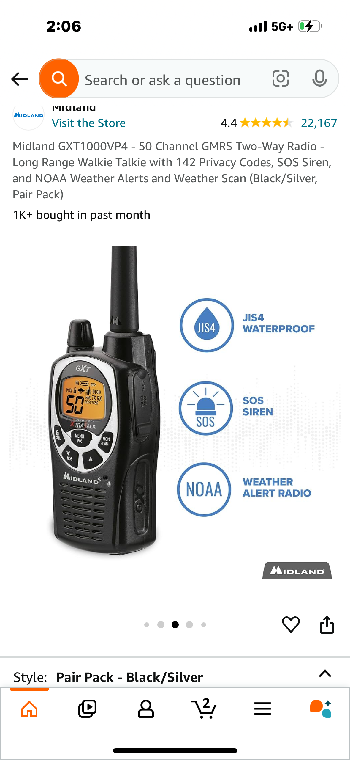 Midland GXT1000VP4 - 50 Channel GMRS Two-Way Radio - Long Range Walkie Talkie with 142 Privacy Codes, SOS Siren, and NOAA Weather Alerts and Weather Scan (Black/Silver, Pair Pack