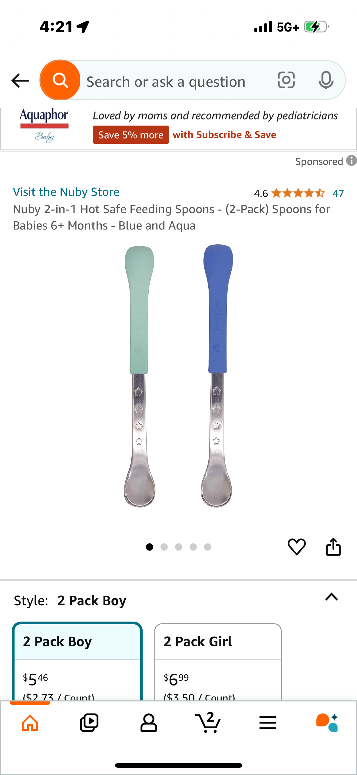 Nuby 2-in-1 Hot Safe Feeding Spoons - (2-Pack) Spoons for Babies 6+ Months - Blue and Aqua