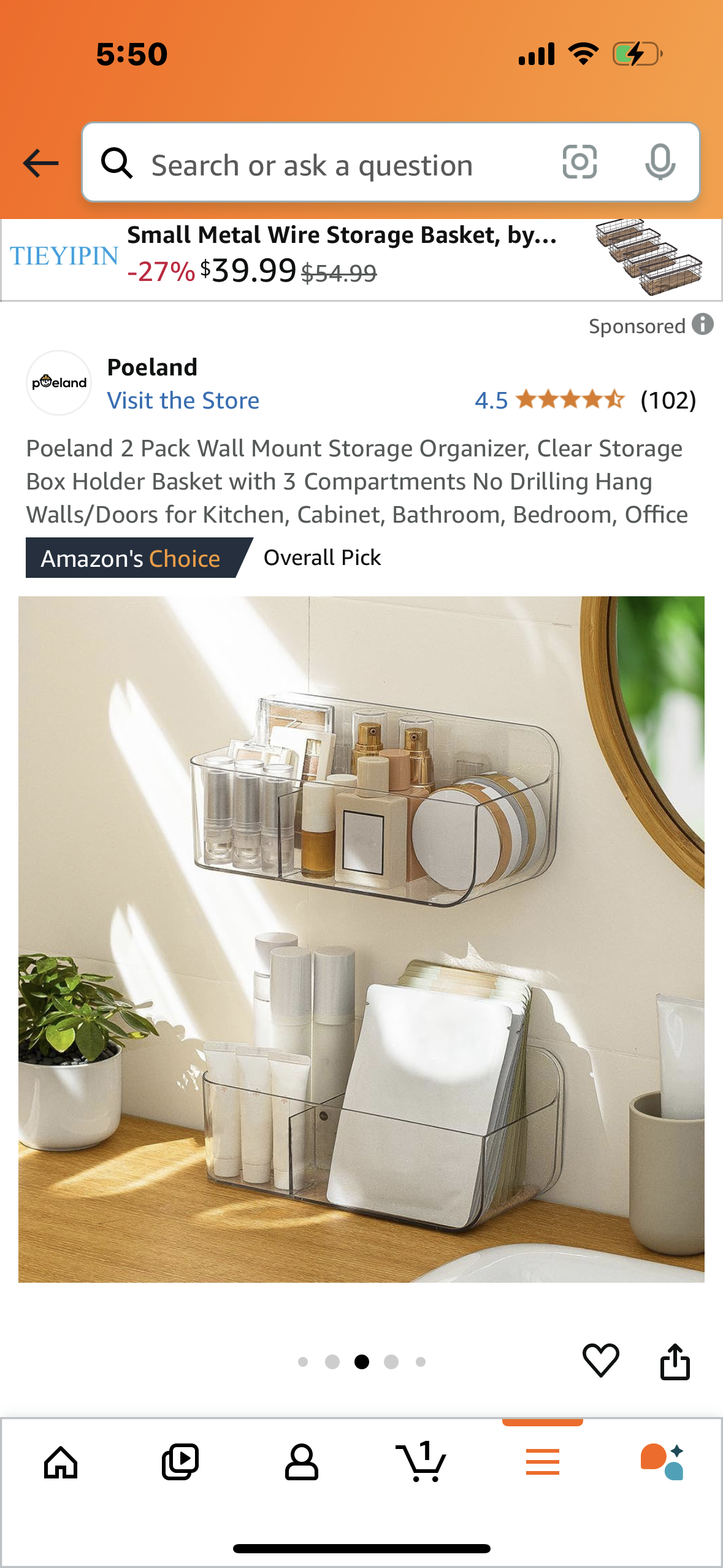 Poeland 2 Pack Wall Mount Storage Organizer, Clear Storage Box Holder Basket with 3 Compartments No Drilling Hang Walls/Doors for Kitchen, Cabinet, Bathroom, Bedroom, Office