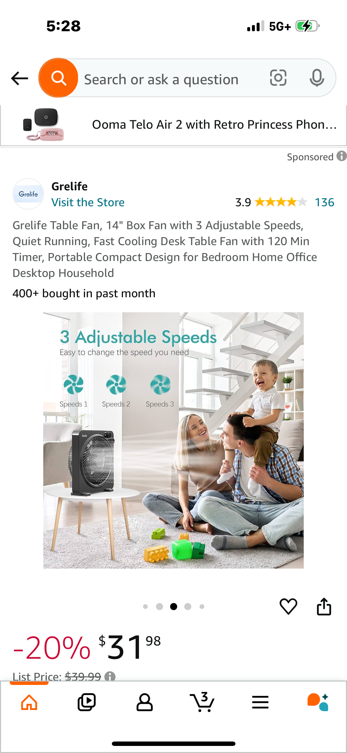 Grelife Table Fan, 14" Box Fan with 3 Adjustable Speeds, Quiet Running, Fast Cooling Desk Table Fan with 120 Min Timer, Portable Compact Design for Bedroom Home Office Desktop Household