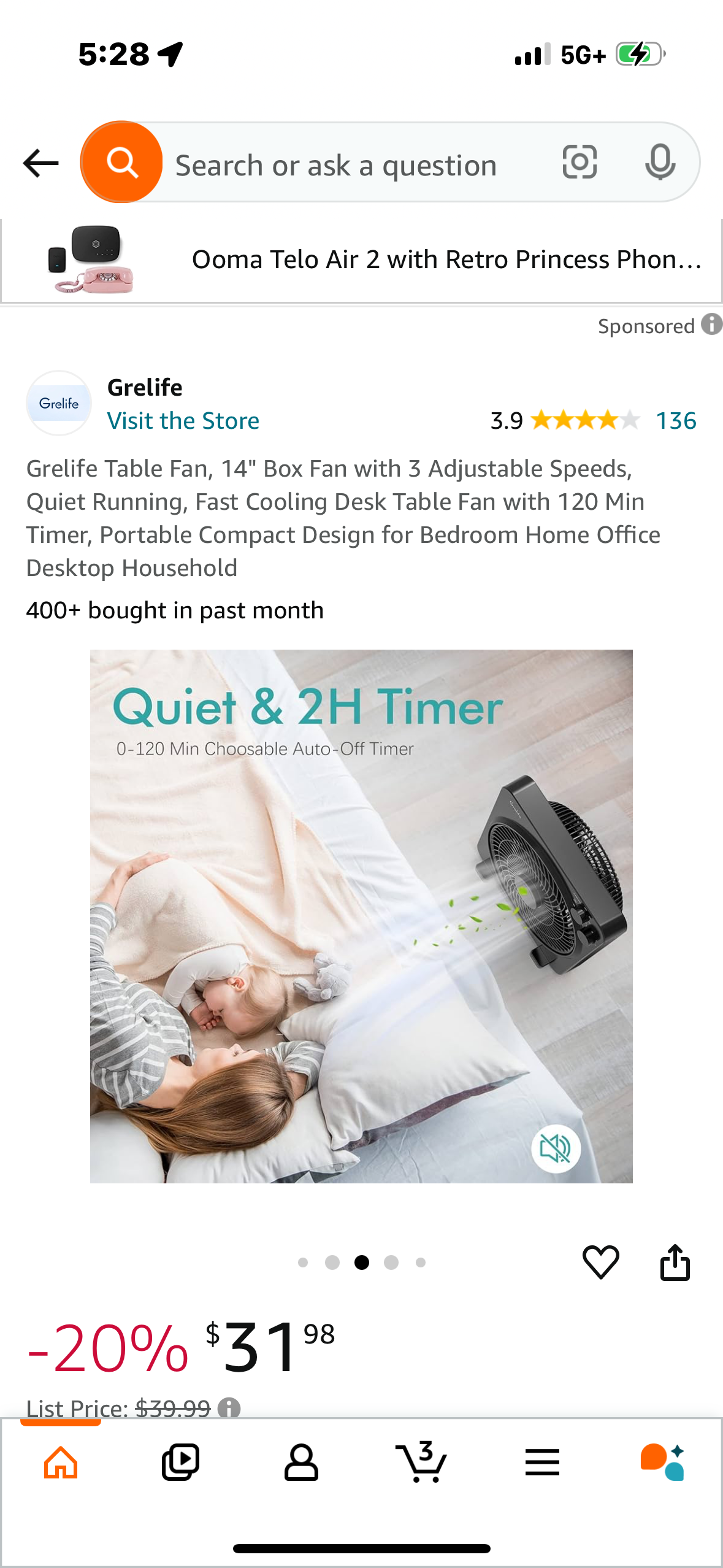 Grelife Table Fan, 14" Box Fan with 3 Adjustable Speeds, Quiet Running, Fast Cooling Desk Table Fan with 120 Min Timer, Portable Compact Design for Bedroom Home Office Desktop Household