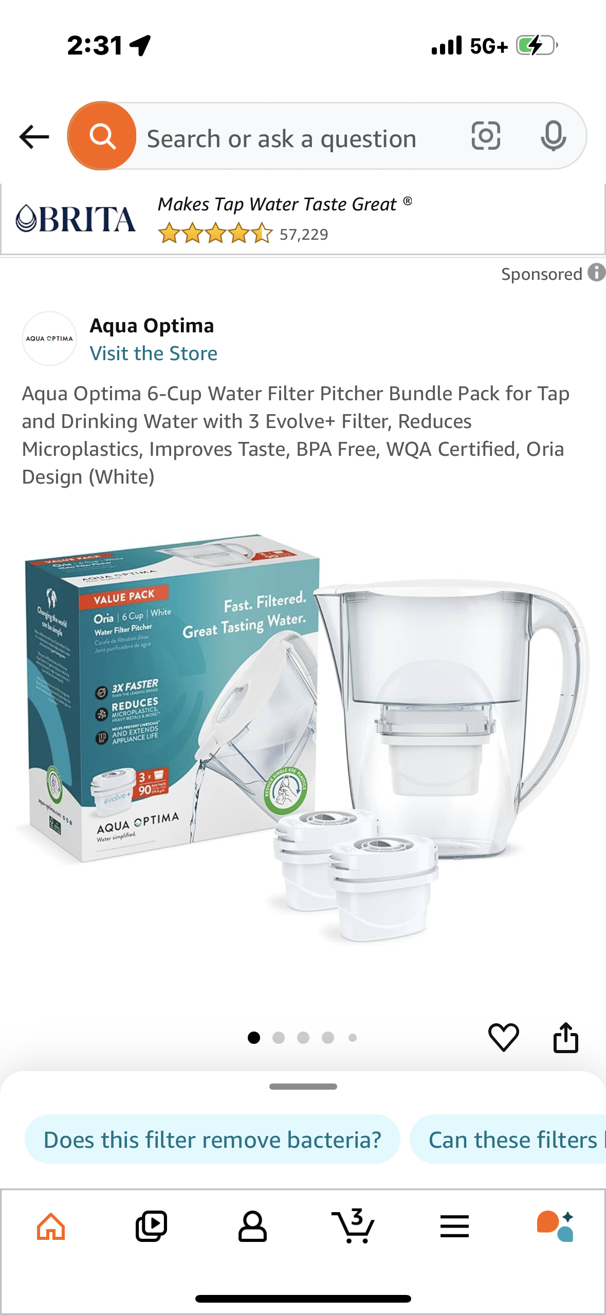 Aqua Optima 6-Cup Water Filter Pitcher Bundle Pack for Tap and Drinking Water with 3 Evolve+ Filter, Reduces Microplastics, Improves Taste, BPA Free, WQA Certified, Oria Design (White