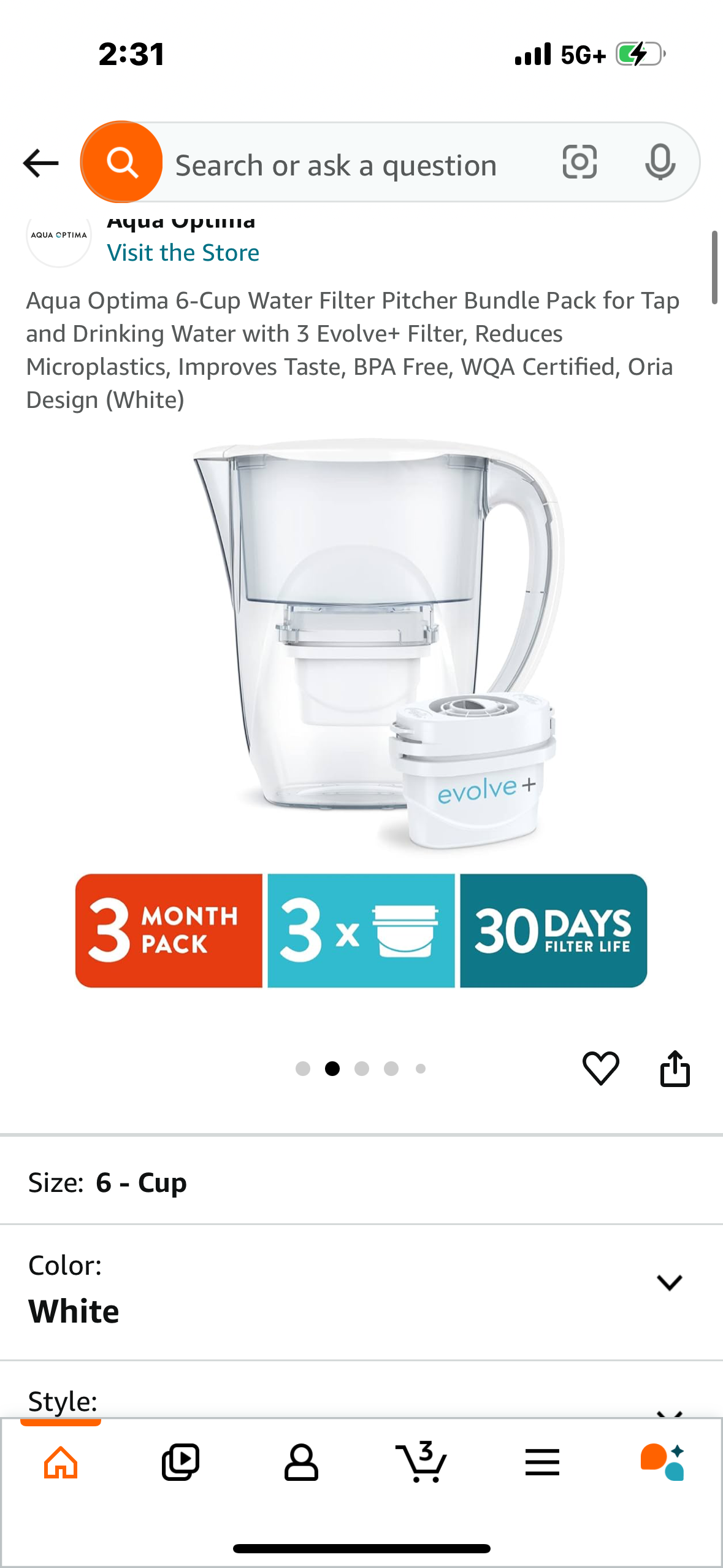 Aqua Optima 6-Cup Water Filter Pitcher Bundle Pack for Tap and Drinking Water with 3 Evolve+ Filter, Reduces Microplastics, Improves Taste, BPA Free, WQA Certified, Oria Design (White