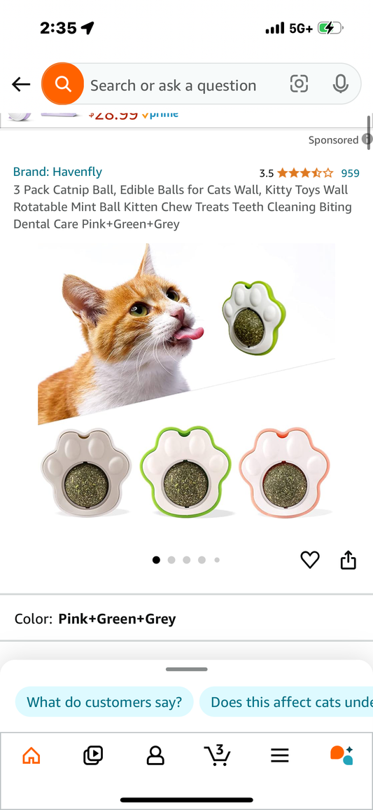 3 Pack Catnip Ball, Edible Balls for Cats Wall, Kitty Toys Wall Rotatable Mint Ball Kitten Chew Treats Teeth Cleaning Biting Dental Care Pink+Green+Grey