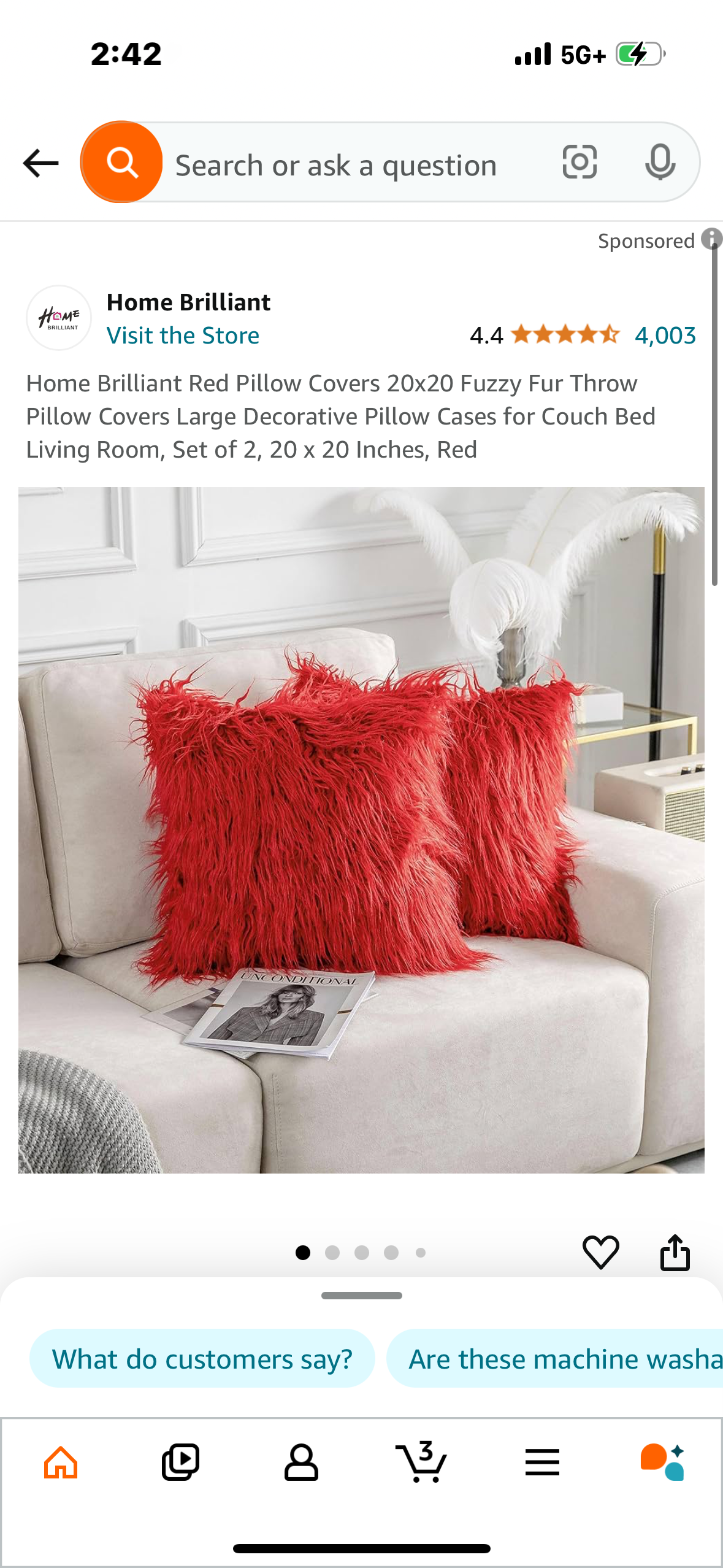 Home Brilliant Red Pillow Covers 20x20 Fuzzy Fur Throw Pillow Covers Large Decorative Pillow Cases for Couch Bed Living Room, Set of 2, 20 x 20 Inches, Red