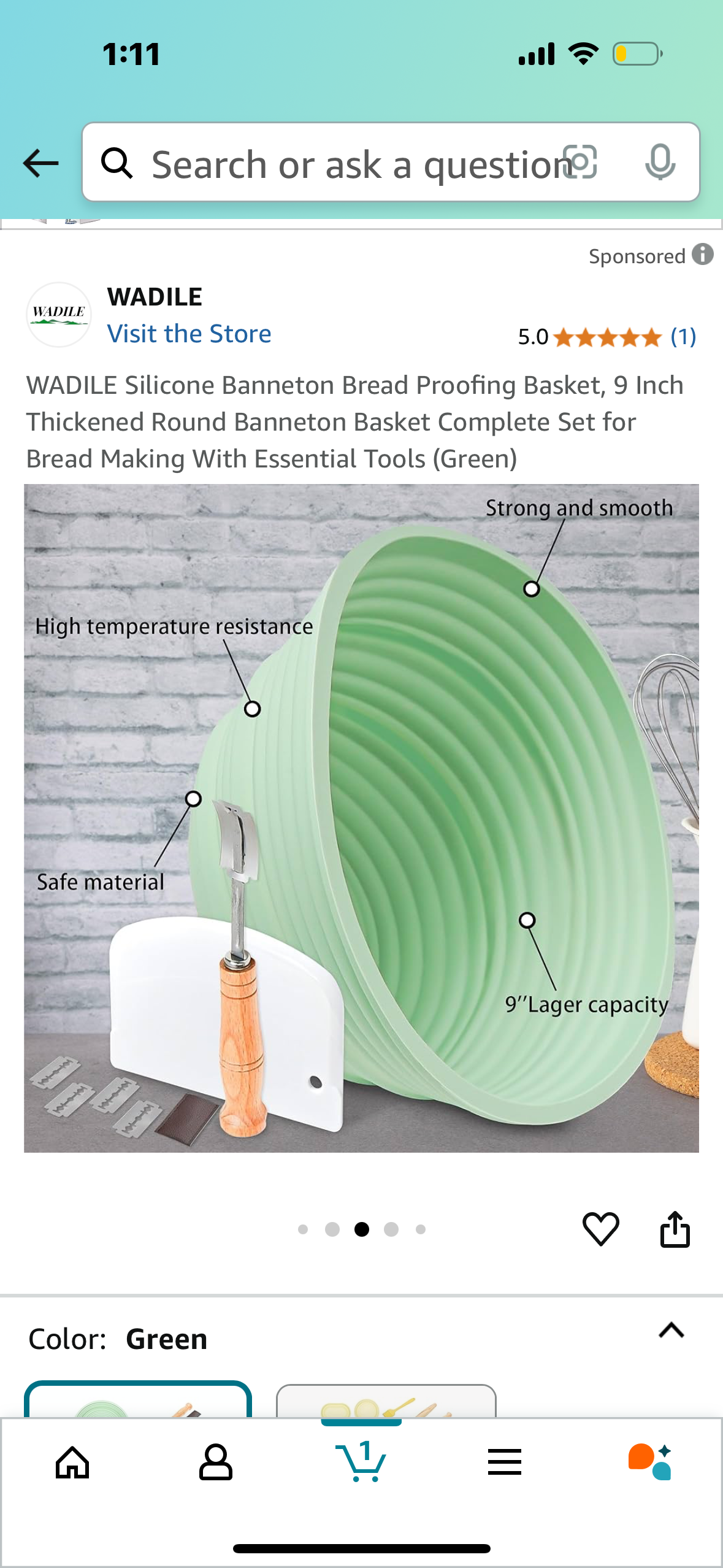 Silicone Banneton Bread Proofing Basket, 9 Inch Thickened Round Banneton Basket Complete Set for Bread Making With Essential Tools (Green