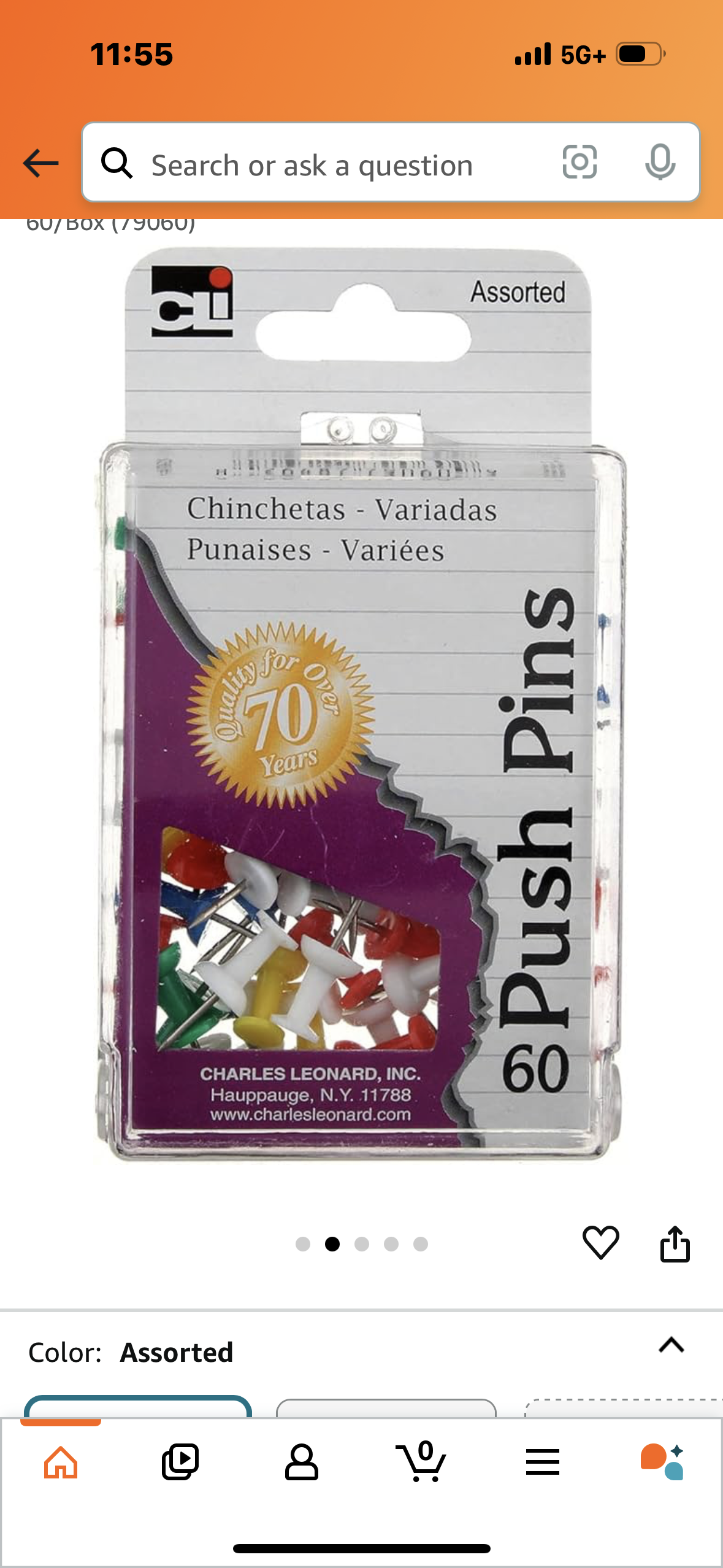 Charles Leonard Push Pins in Reusable Box, Assorted Colors