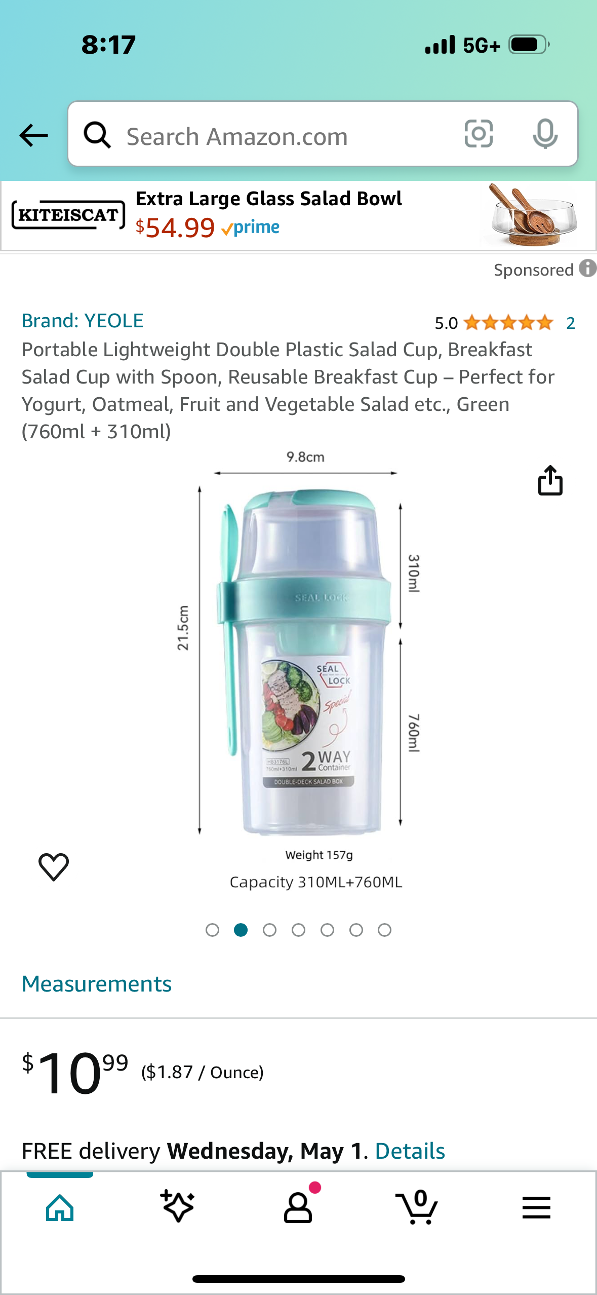 Portable Lightweight Double Plastic Salad Cup with Spoon, Reusable Breakfast Cup – Perfect for Yogurt, Oatmeal, Fruit and Vegetable Salad etc - Blue