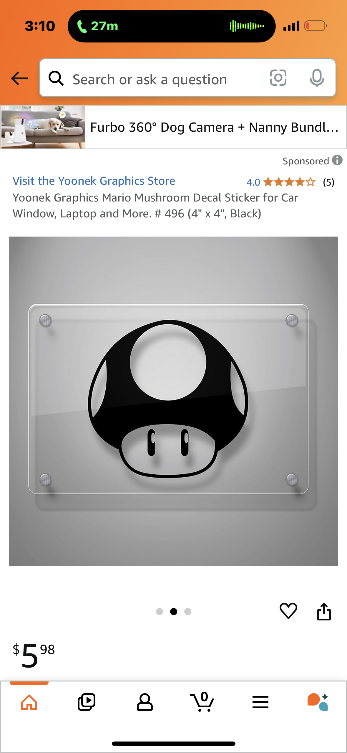 Yoonek Graphics Mario Mushroom Decal Sticker for Car Window, Laptop and More. # 496 (4" x 4", Black