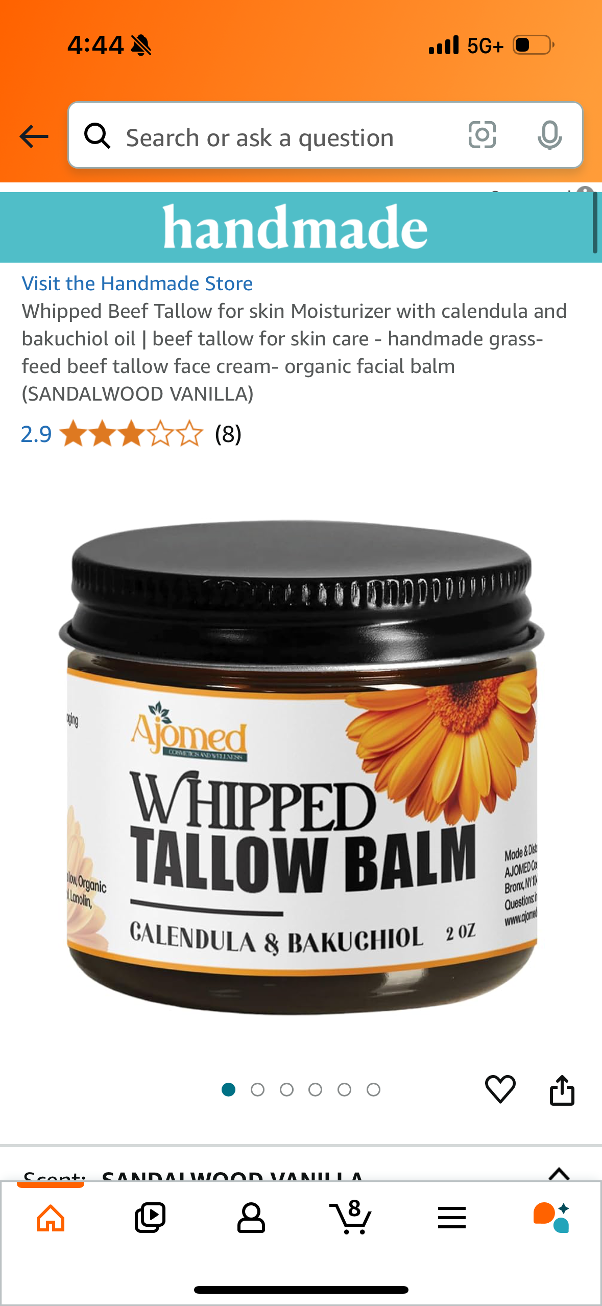 Whipped Beef Tallow for skin Moisturizer with calendula and bakuchiol oil | beef tallow for skin care - handmade grass-feed beef tallow face cream- organic facial balm (SANDALWOOD VANILLA)