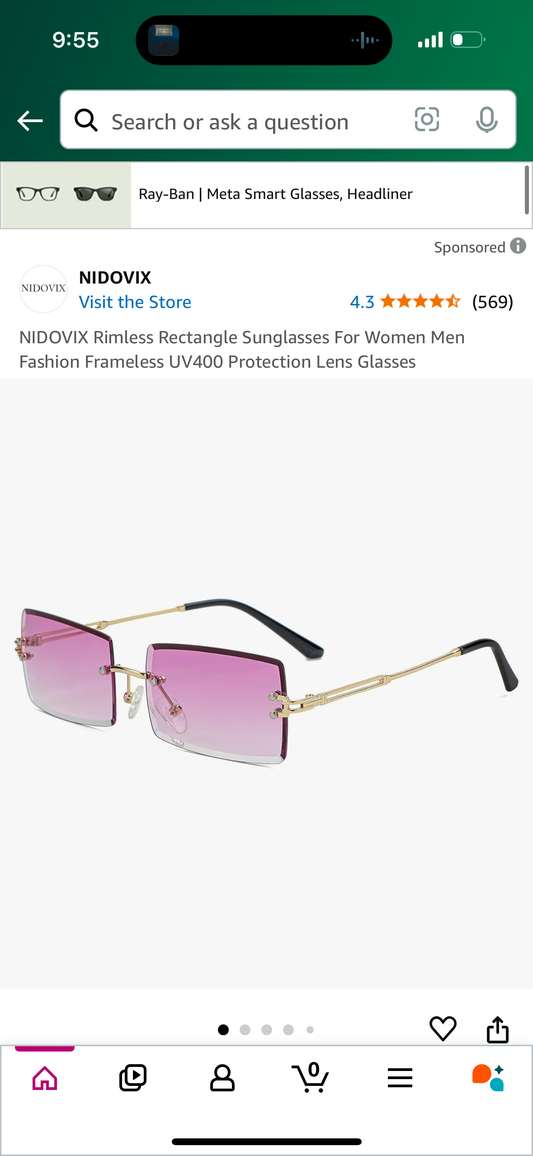 NIDOVIX Rimless Rectangle Sunglasses For Women Men Fashion Frameless UV400 Protection Lens Glasses