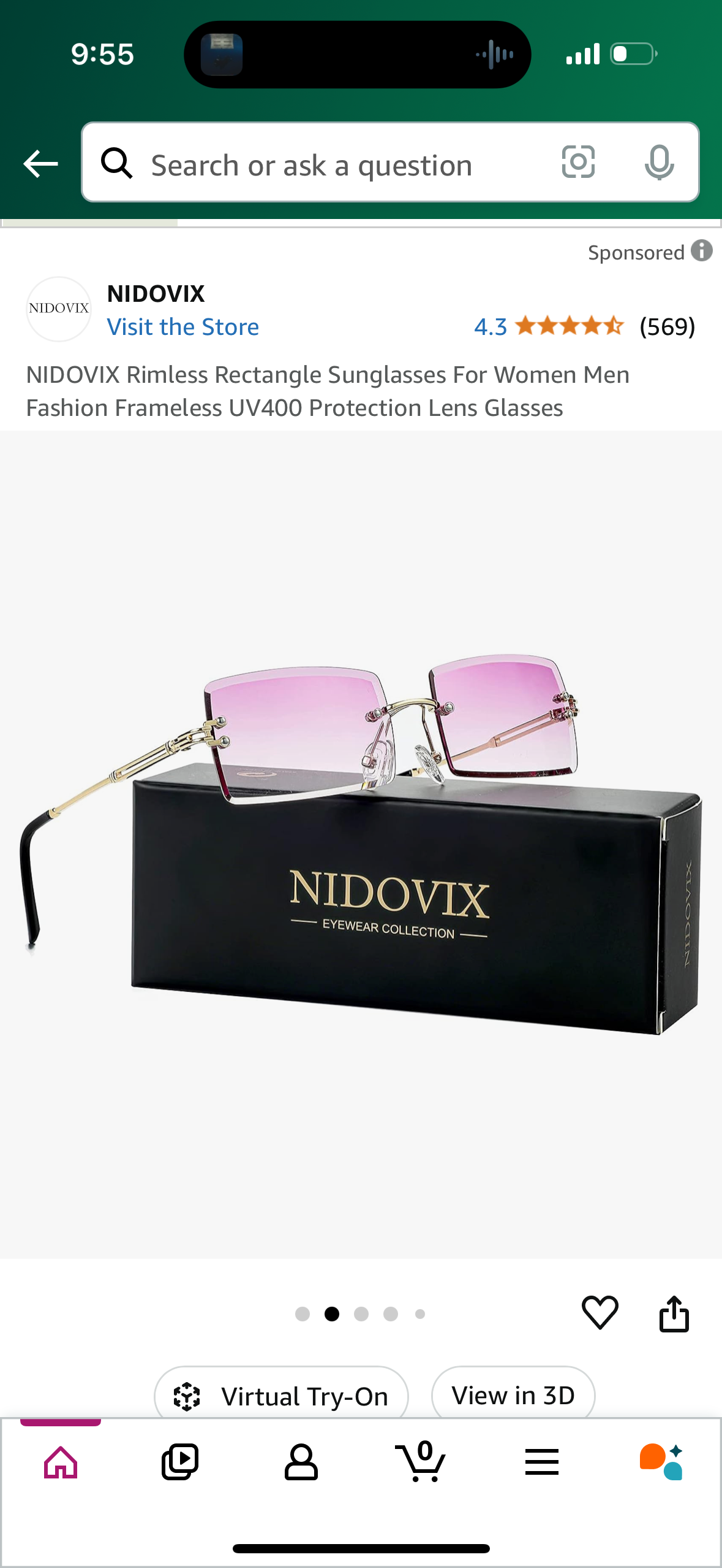 NIDOVIX Rimless Rectangle Sunglasses For Women Men Fashion Frameless UV400 Protection Lens Glasses