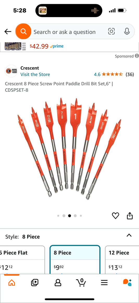 Crescent 8 Piece Screw Point Paddle Drill Bit Set,6