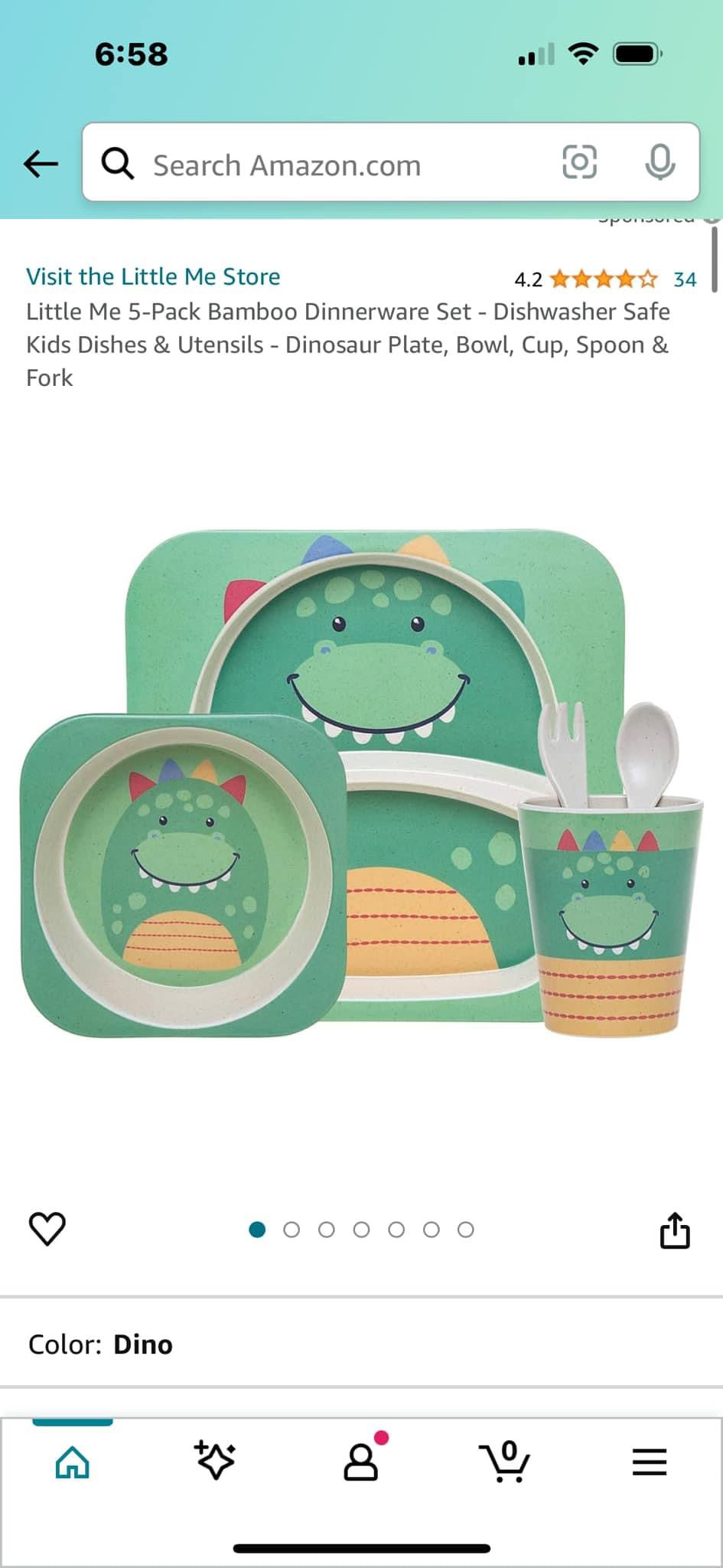 5-Pack Bamboo Dinnerware Set - Dishwasher Safe Kids Dishes & Utensils - Dinosaur Plate, Bowl, Cup, Spoon & Fork - Space Out