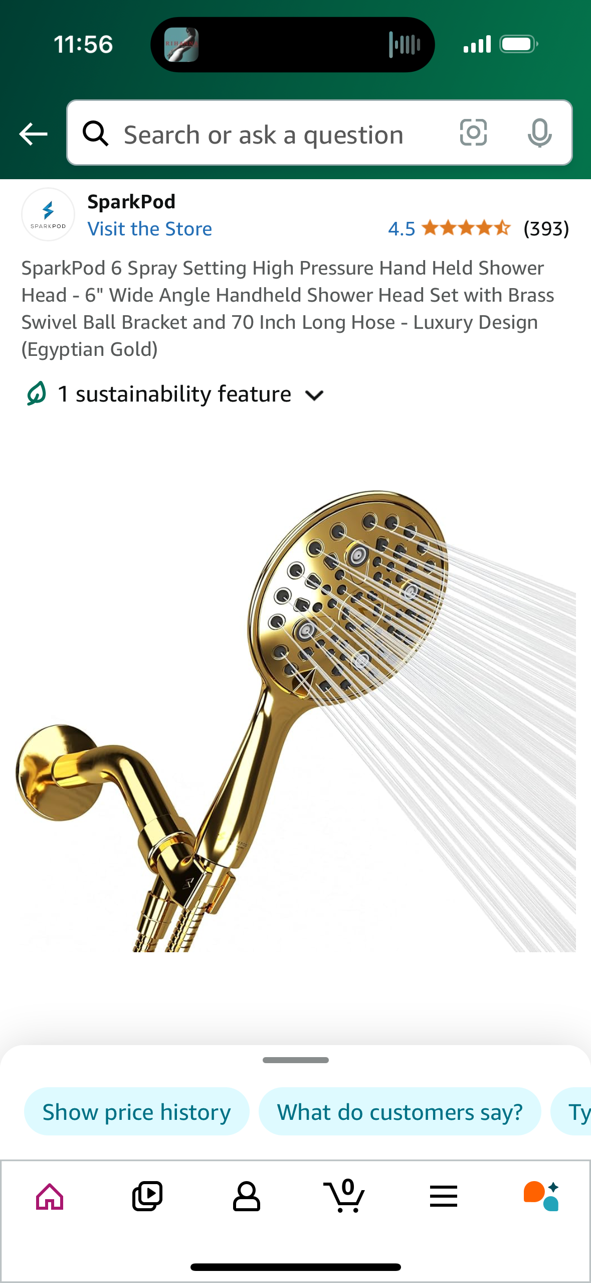 SparkPod 6 Spray Setting High Pressure Hand Held Shower Head - 6" Wide Angle Handheld Shower Head Set with Brass Swivel Ball Bracket and 70 Inch Long Hose - Luxury Design (Egyptian Gold)