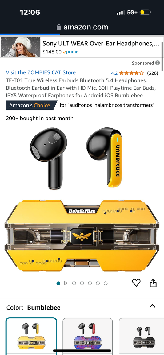 TF-T01 True Wireless Earbuds Bluetooth 5.4 Headphones, Bluetooth Earbud in Ear with HD Mic, 60H Playtime Ear Buds, IPX5 Waterproof Earphones for Android iOS Bumblebee