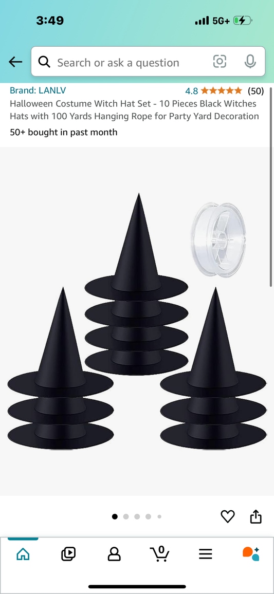 Halloween Costume Witch Hat Set - 10 Pieces Black Witches Hats with 100 Yards Hanging Rope for Party Yard Decoration