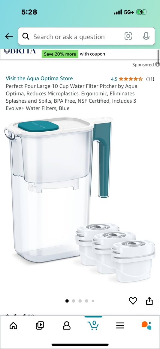 Perfect Pour Large 10 Cup Water Filter Pitcher by Aqua Optima, Reduces Microplastics, Ergonomic, Eliminates Splashes and Spills, BPA Free, NSF Certified, Includes 3 Evolve+ Water Filters, Blue