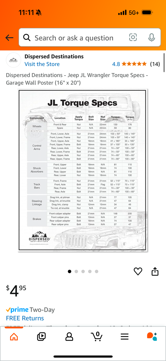 Dispersed Destinations - Jeep JL Wrangler Torque Specs - Garage Wall Poster (16" x 20")