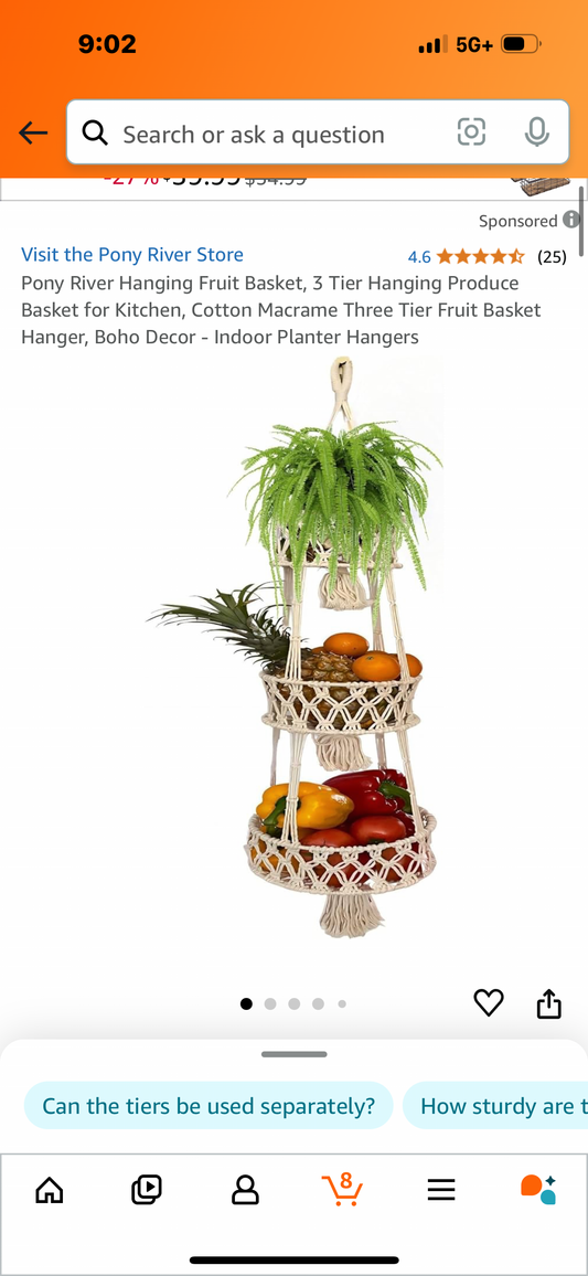 Pony River Hanging Fruit Basket, 3 Tier Hanging Produce Basket for Kitchen, Cotton Macrame Three Tier Fruit Basket Hanger, Boho Decor - Indoor Planter Hangers