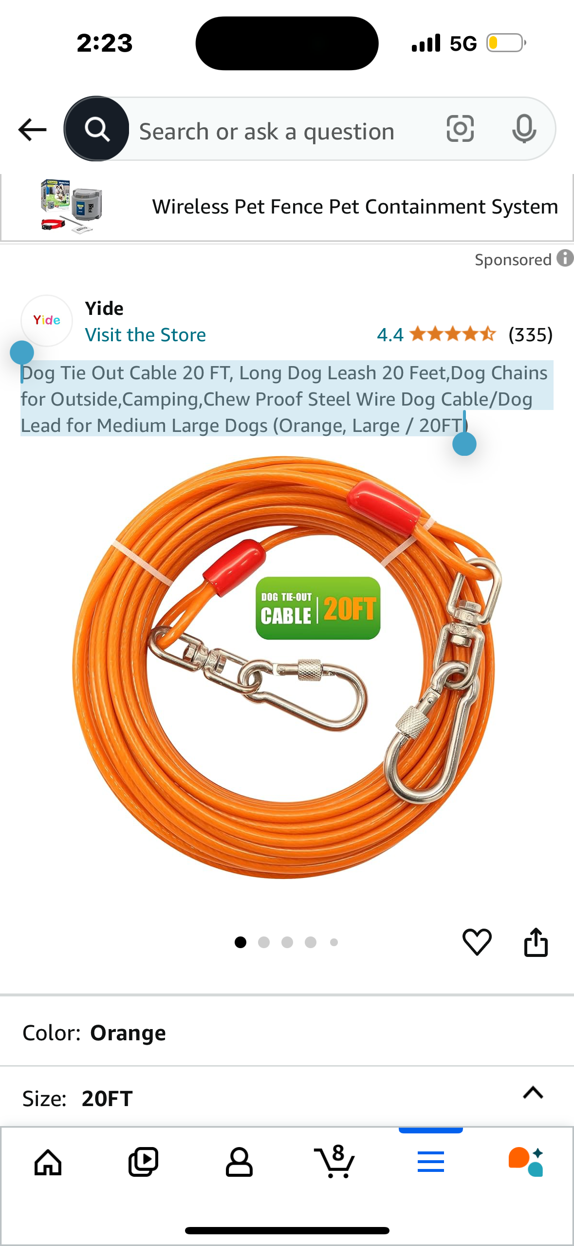 Dog Tie Out Cable 20 FT, Long Dog Leash 20 Feet,Dog Chains for Outside,Camping,Chew Proof Steel Wire Dog Cable/Dog Lead for Medium Large Dogs (Orange, Large / 20FT