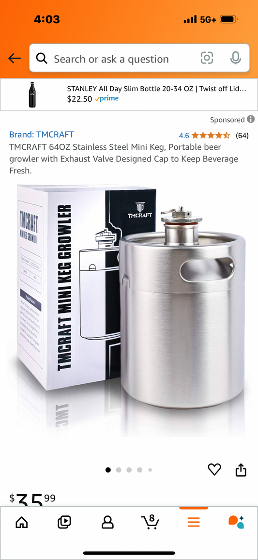 TMCRAFT 64OZ Stainless Steel Mini Keg, Portable beer growler with Exhaust Valve Designed Cap to Keep Beverage Fresh