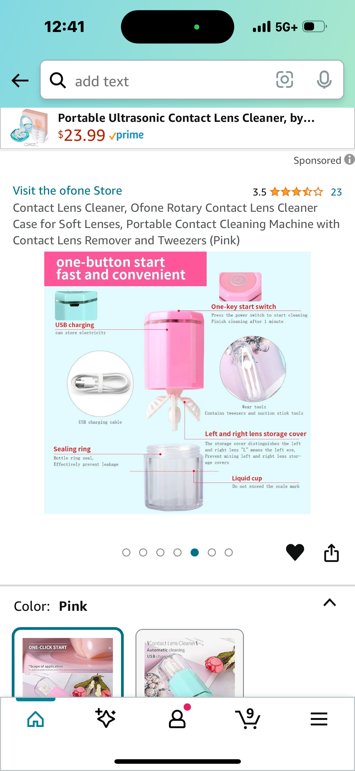 Contact Lens Cleaner, Ofone Rotary Contact Lens Cleaner Case for Soft Lenses, Portable Contact Cleaning Machine with Contact Lens Remover and Tweezers (Pink